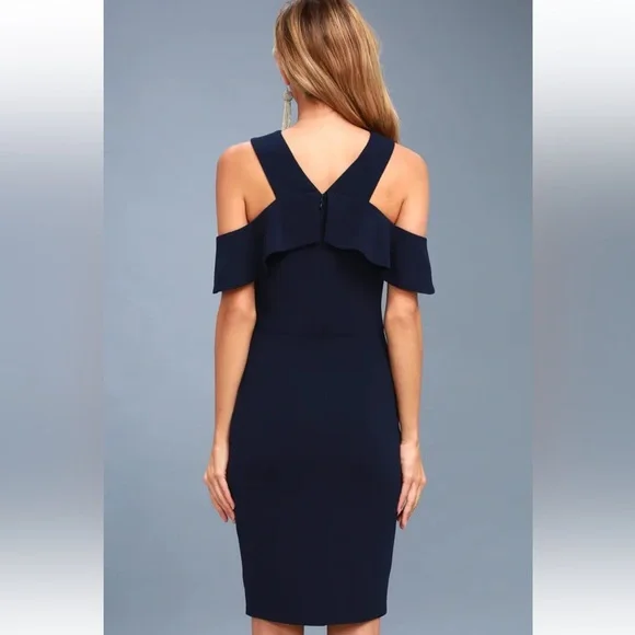 Lulus Cityscape Navy Blue Bodycon Dress Sz M Halter Off The Shoulder Sleeves NWT - Picture 5 of 10